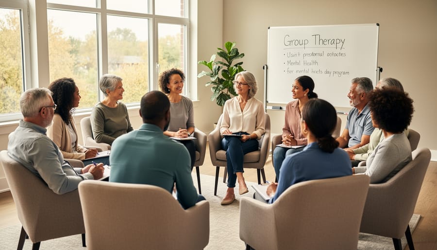 Diverse group of adults sitting in circle during mental health day program group therapy session