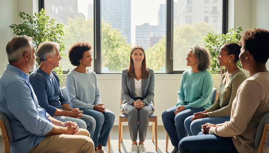 Diverse adults sit in a semi-circle with a facilitator leading a daytime therapy session in a bright room with large windows and plants, creating a hopeful, supportive atmosphere.