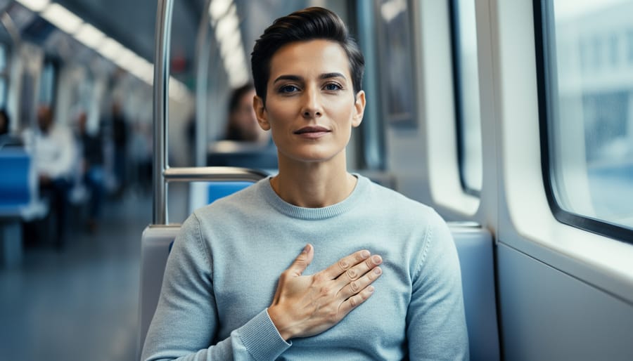 Person seated in a public space with an open hand over their heart, appearing calm and grounded while anxiety passes.
