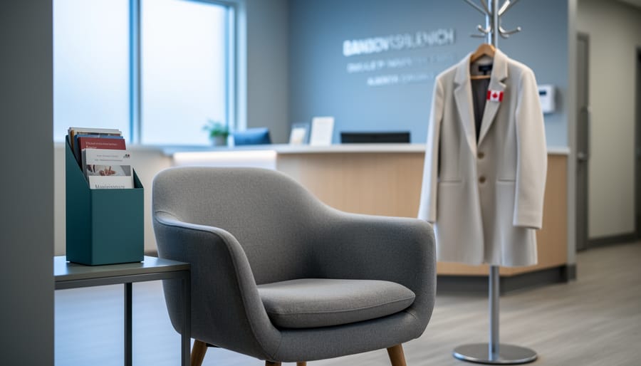 Calm, softly lit clinic waiting room with an empty armchair and muted furnishings, suggesting a supportive environment during a mental health crisis process.