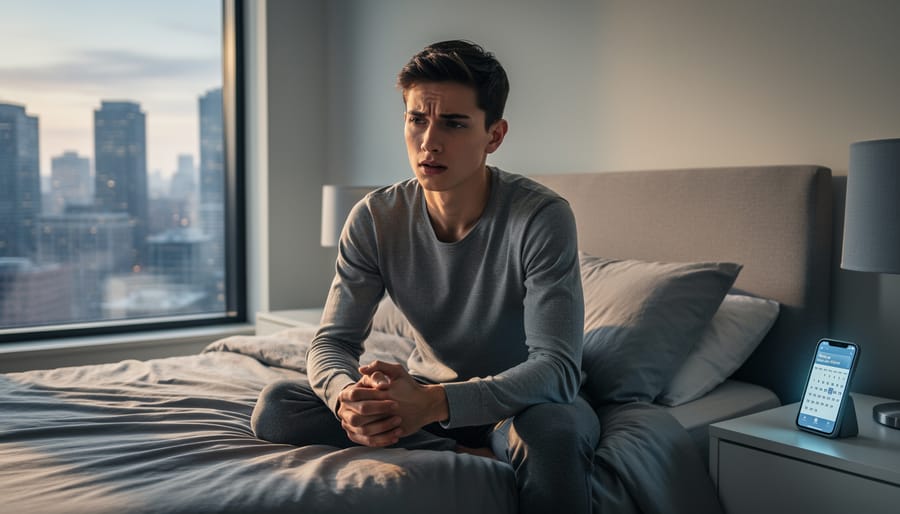 A person seated by a window looks anxious while waiting for an event outside.