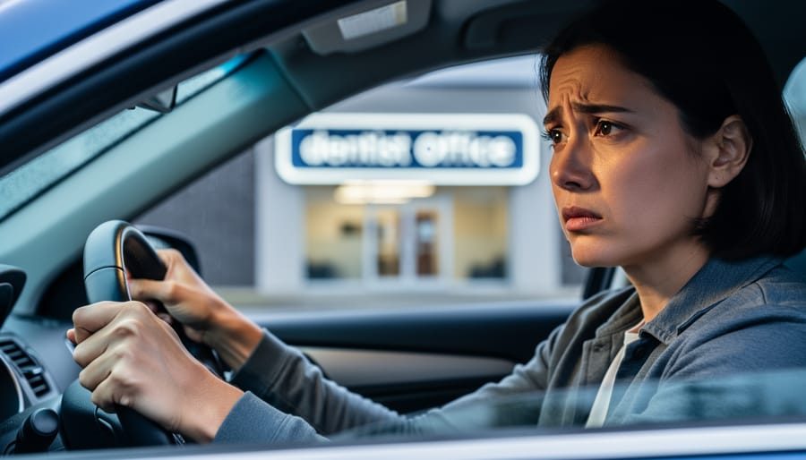Close-up of a person sitting in a parked car outside a medical building, looking anxious and holding the steering wheel while waiting for an upcoming appointment.