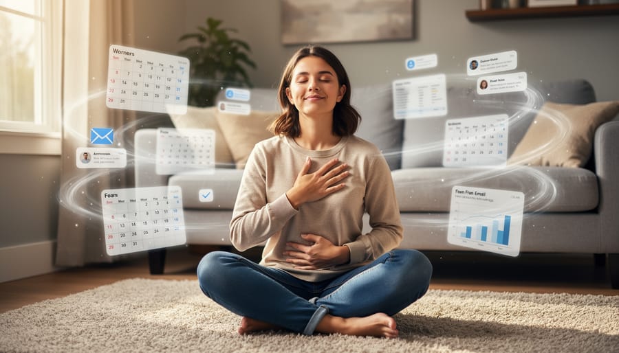 A person sits quietly with eyes closed and hands over their chest in a calming moment.