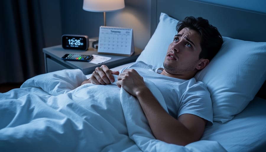 A bedside scene at night with an alarm clock glowing beside a book and glass of water.