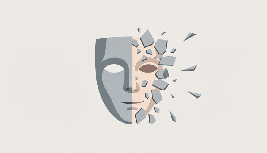 A cracked ceramic mask on a table next to an open journal, symbolizing how stigma can be broken and replaced with honesty.