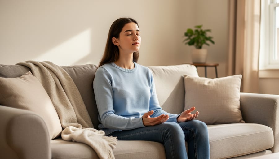 Person sitting quietly with eyes closed, hand over the heart, in a softly lit room.