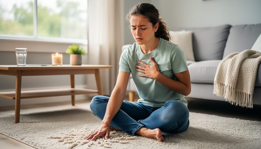 Person sitting on the edge of a bed holding a cup of water with a calm, trying-to-regulate expression