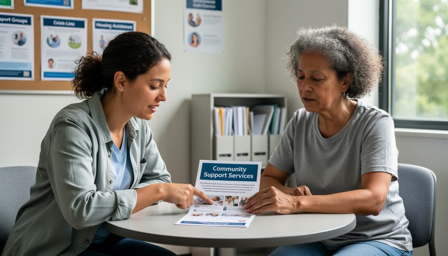 Caregiver and person sharing a calm moment together in a community mental health setting with mugs on a table