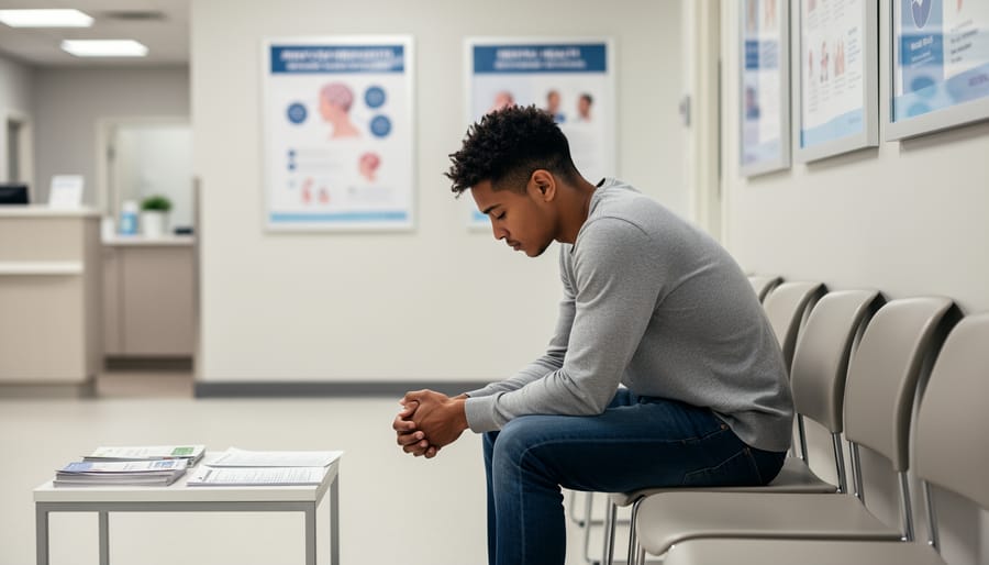 Person sitting in a clinic waiting area holding a smartphone while waiting for mental health appointments