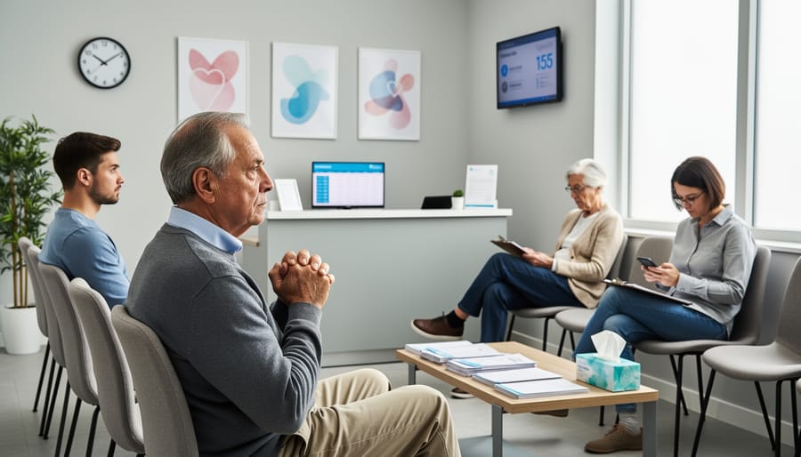 Person sitting quietly in a clinic waiting area with a concerned expression