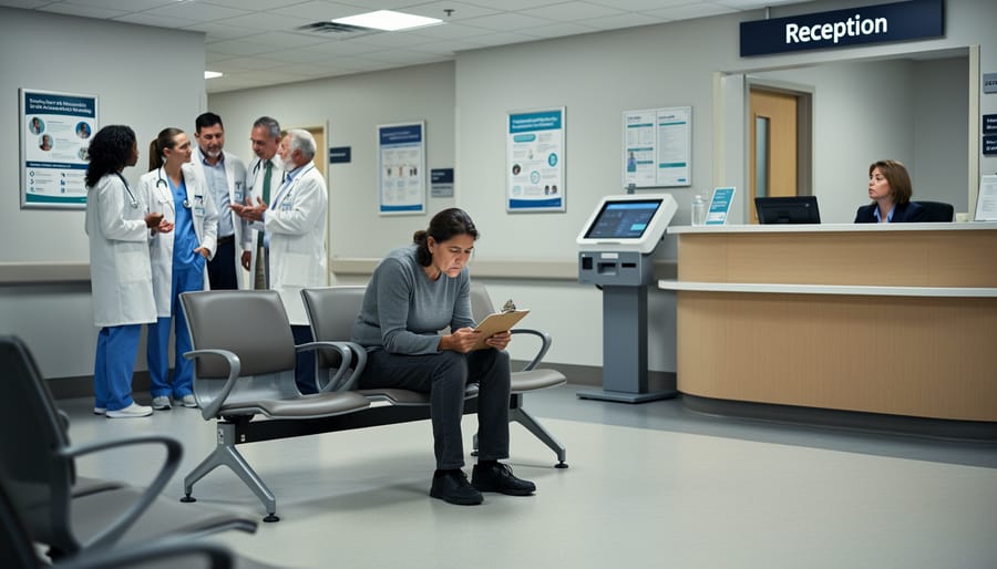People in a clinic waiting room with one person standing at the doorway, suggesting stigmatizing experiences in healthcare.