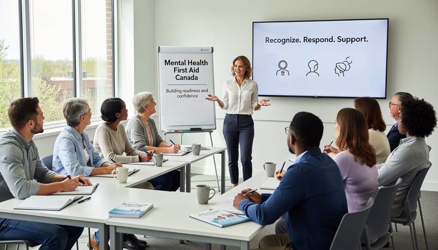 Diverse group attending a mental health training session in a community room