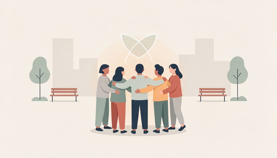 People in a supportive community circle outdoors with linked hands and no readable text on a banner