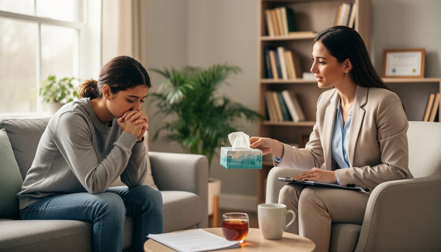 Counselor offering tissues to a client in a softly lit therapy office.