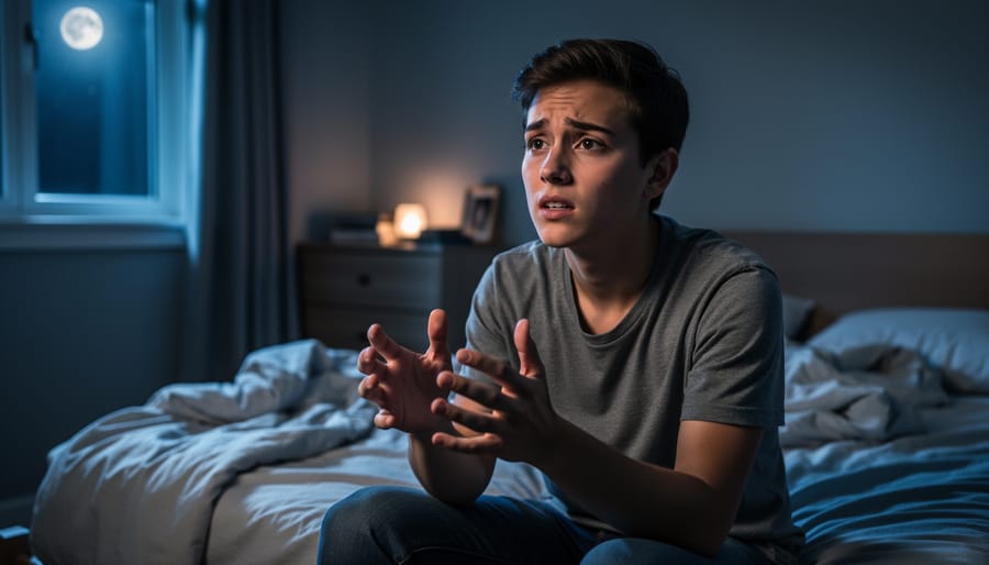 Person sitting on the edge of a bed in a dim bedroom at night, looking uneasy as the room feels subtly unreal and disorienting.