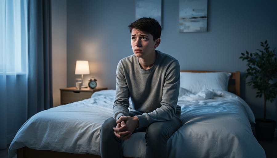 Person sitting on the edge of a bed in a dim room, looking toward a window while feeling overwhelmed.