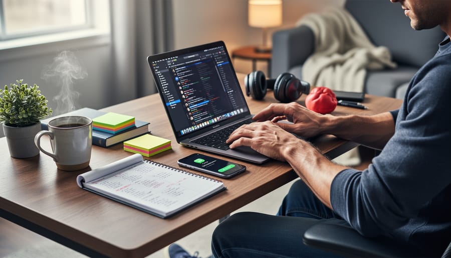 Hands gripping a pen over a notebook next to a glowing phone and closed laptop on a desk in a home office.