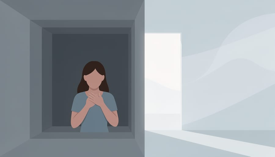 Woman’s silhouette in a doorway, reaching toward her throat with bright light outside