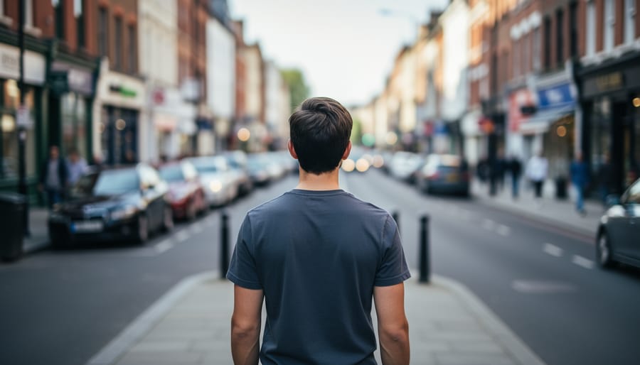 Quiet sidewalk scene with the far distance blurred, suggesting an unreal or dreamlike feeling in familiar surroundings.