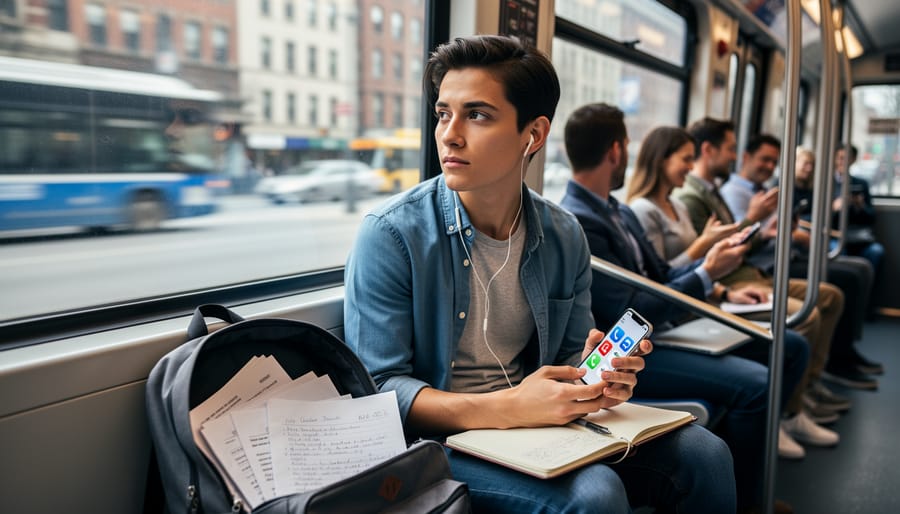 Person seated on a transit bench wearing headphones, looking tense but determined as the station background blurs