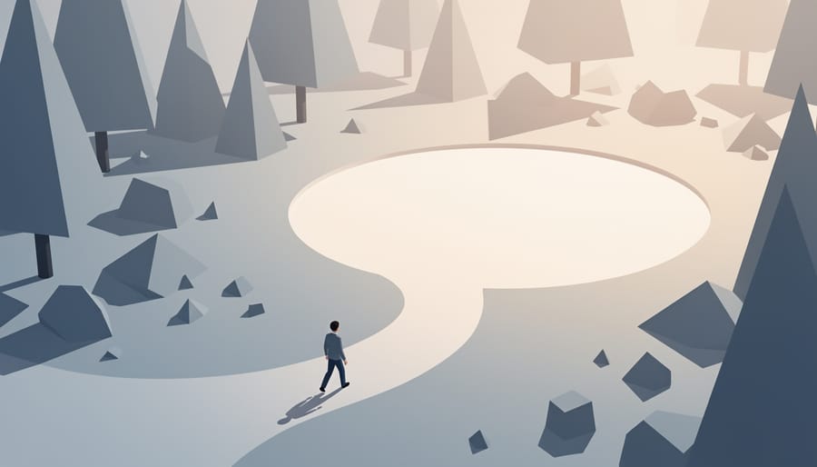 A person walking away from the camera through a foggy park path toward a brighter clearing.