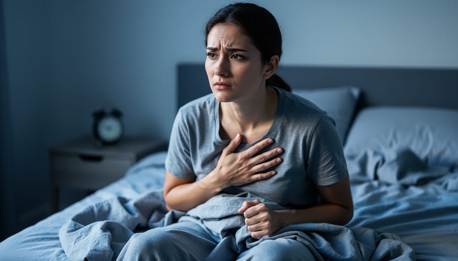 Person sitting on the edge of a bed at dawn with a tense expression, hand on their chest, conveying persistent worry and generalized anxiety.