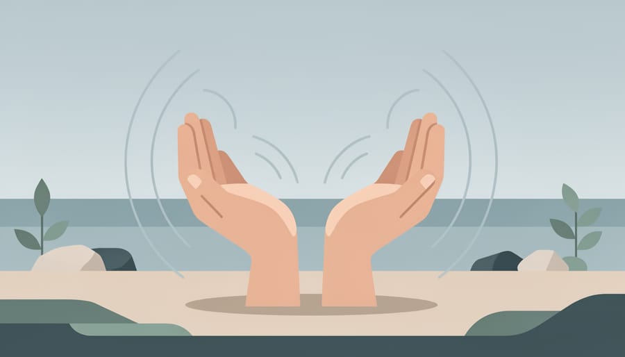 Woman practicing grounding with open palms near her abdomen by water at sunrise