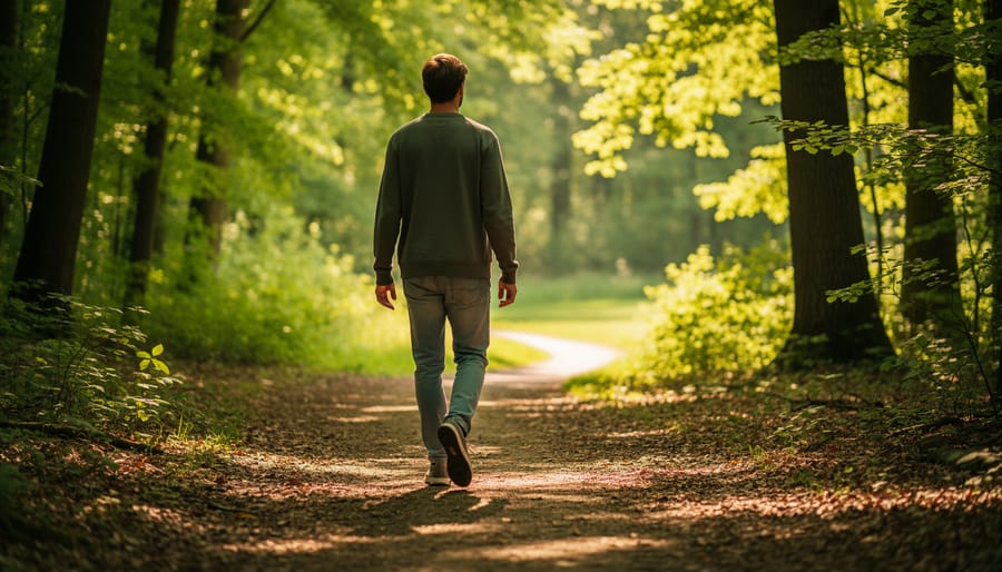 Person walking slowly on a calm outdoor path under an overcast sky