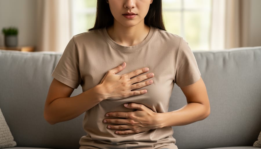 Close-up of a person’s hands resting on chest and abdomen to suggest calming breathing