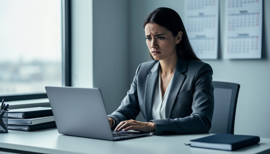 A professional sits at a desk in an office with a composed outward expression, while their tense posture suggests high-functioning anxiety.