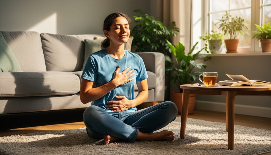 Person seated at home holding a small stone while grounding their attention.