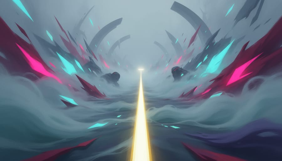 Headlight beam through fog seen from inside a car, symbolizing hypervigilance.