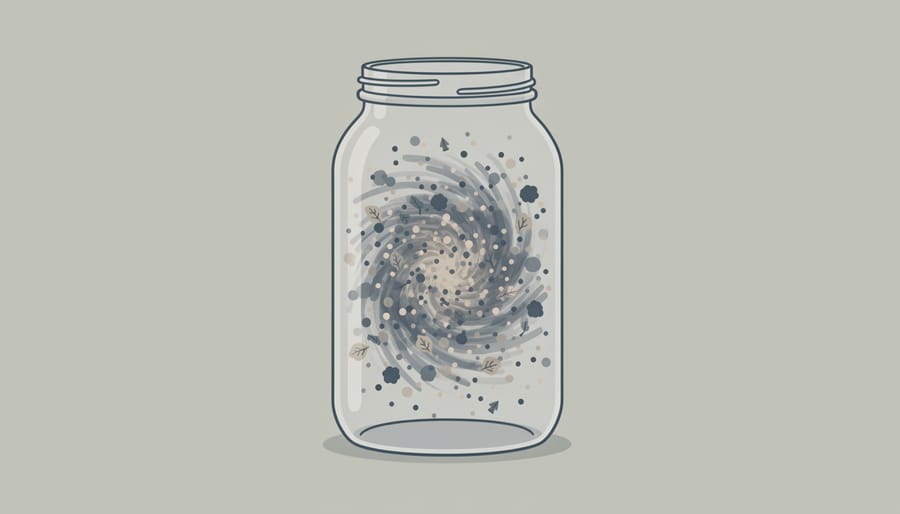 Glass jar containing swirling dark smoke-like particles symbolizing intrusive thoughts.