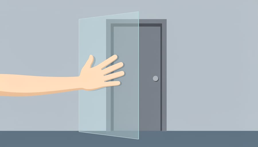 Person’s hand pressing gently against frosted glass on a closed door