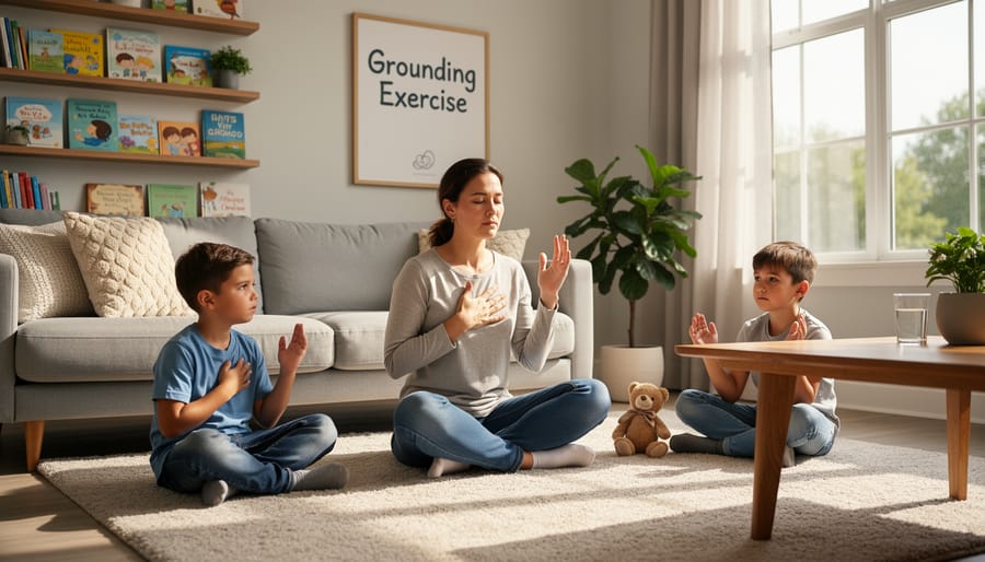 Child and caregiver practicing gentle mindful stretching together in a bright room.