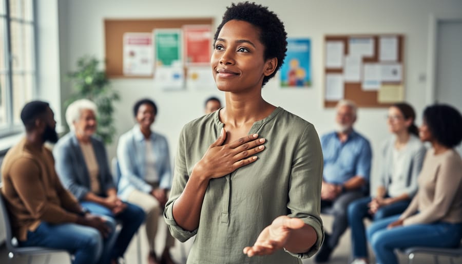 A diverse group in a welcoming community setting, with one person gesturing as if encouraging others to speak and seek support for mental health.