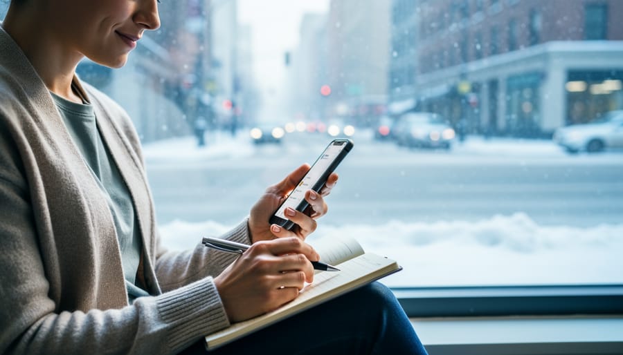 “Person seated by a Canadian winter window holding a phone and writing notes, with soft daylight and a blurred city street in the background.”