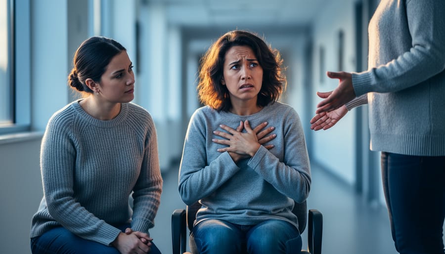 A calm adult kneels beside a seated person showing distress while another person stands nearby in a supportive, crisis-intervention setting.
