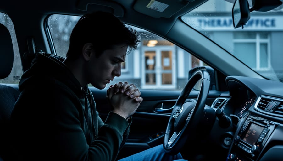 Silhouetted person sitting in a parked car outside a therapist’s office, representing fear and hesitation caused by mental health stigma.