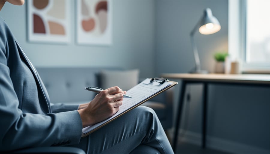 Person reviewing a clipboard and pen in a calm therapist office, representing navigating serious mental illness (SMI) and serious and persistent mental illness (SPMI) in mental health care.