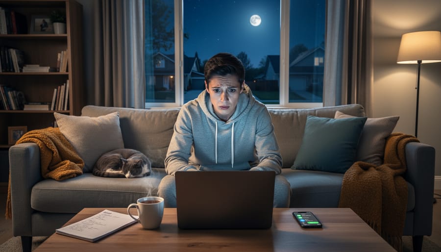 Person sitting on a sofa at night with tense posture, warm lamp light on one side, and blurred city lights outside the window.
