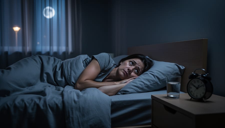 A person sits on the edge of a bed in a dimly lit bedroom at night, with their phone face-down, suggesting sleepless worry.