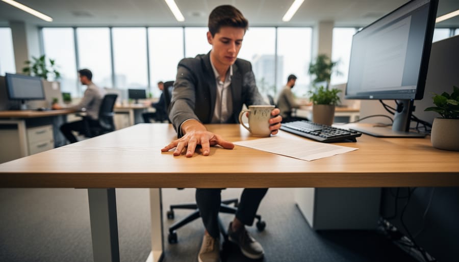 Adult in an office hallway calmly focusing on a notebook and cup of water.