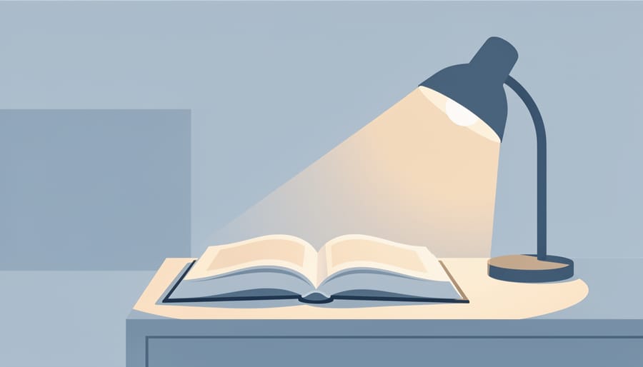 Open book on a bedside table under warm lamp light