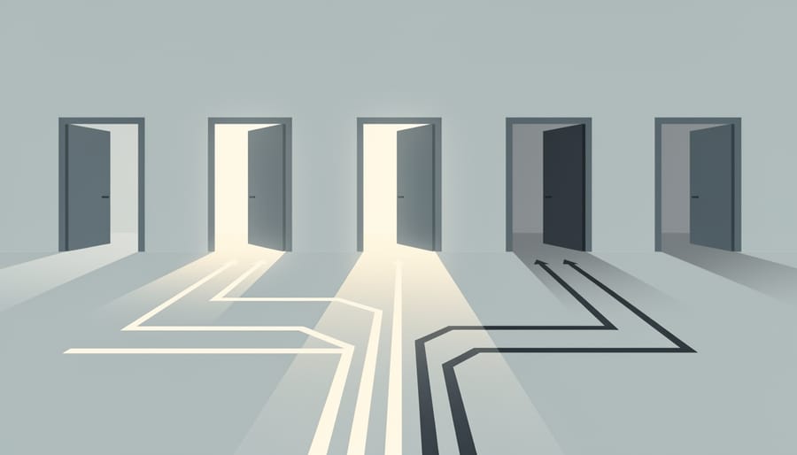 Slightly open hospital doors with a beam of light leading into a dim corridor