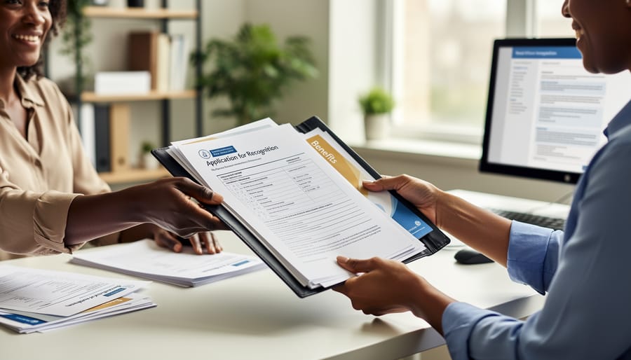 Healthcare provider handing a folder or documents to a client at a clinic reception