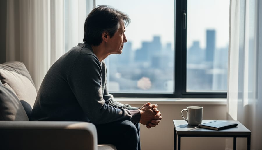 Person sitting quietly by a window with rain on the glass, holding a warm mug and looking thoughtful