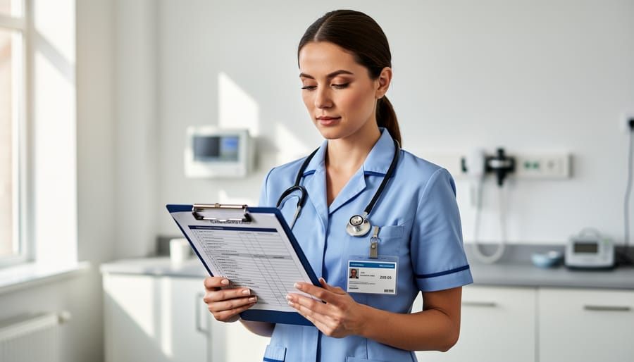 Healthcare professional holding a clipboard near an open office door
