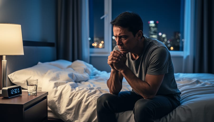Person sitting alone at night in a dim bedroom with a tense, withdrawn posture.
