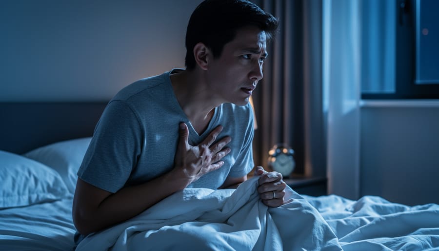 A tense adult sits on the edge of a bed at night in a dimly lit bedroom, looking distressed with one hand on their chest.